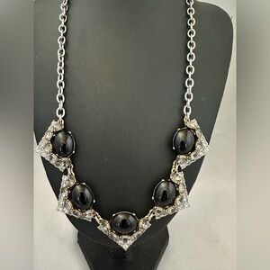 Stella & Dot silver tone necklace black cabochons gray and clear rhinestones
